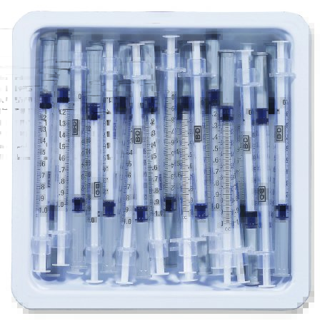 Syringe 1cc with Needle Allergy Tray Regular Bevel PrecisionGlide™ 1 mL 27 Gauge 1/2 Inch Attached Needle Without Safety  (25/TR 40TR/CS) by BD  ID 305540